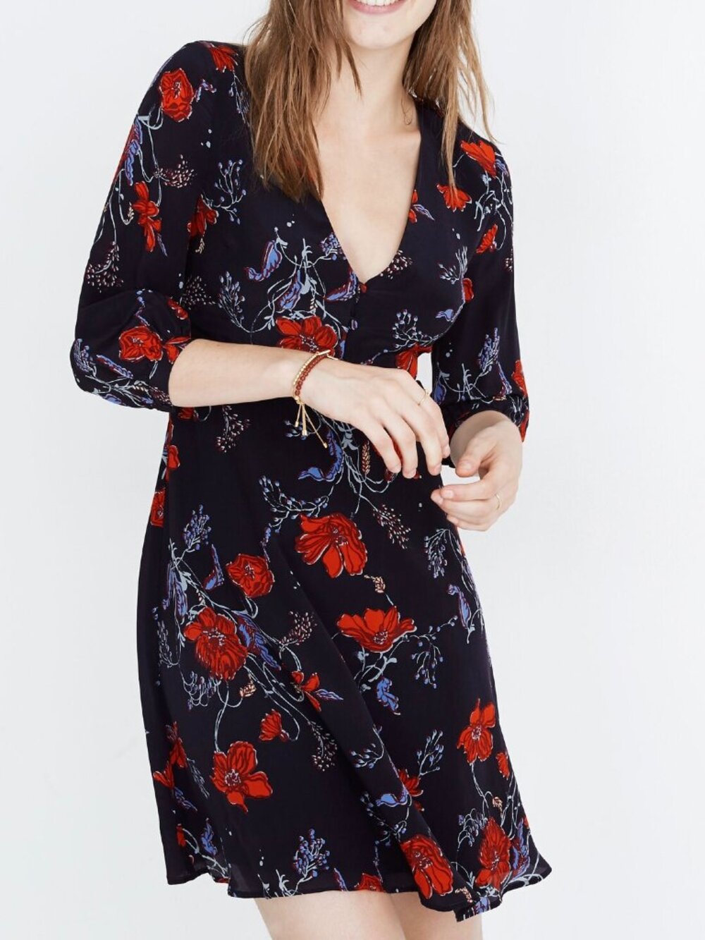 Madewell Navy Windblown Poppies Silk Ruffle Waist Mini Dress